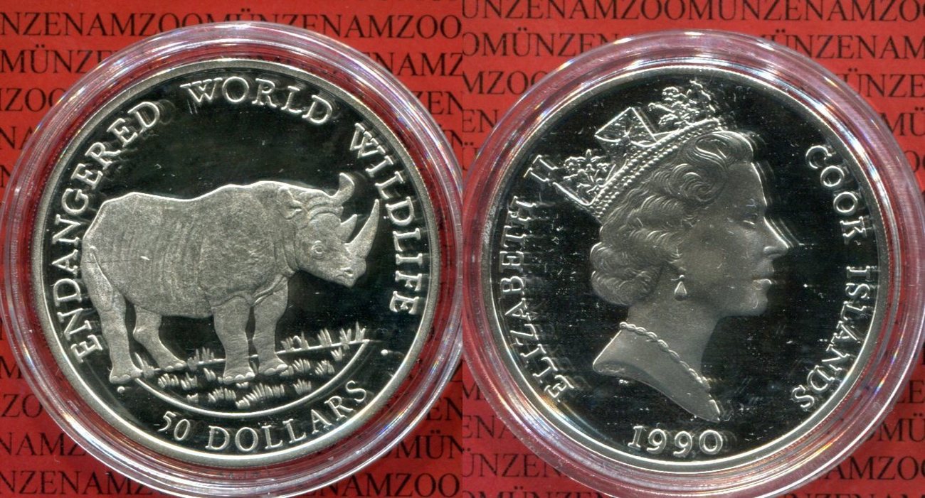 50 Silber Dollar Gefährdete Tierwelt. Cook Islands. Spitzmaulnashorn ...