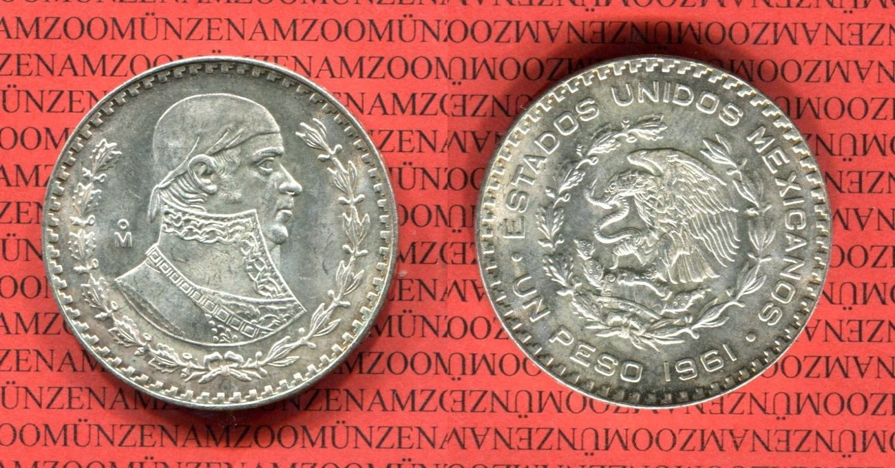 Mexiko Mexico 1961 1 Peso Silber José María Morelos y Pavón bu patina