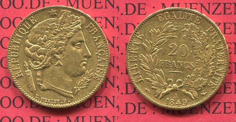 20 Francs Ceres Frankreich, 20 Francs 1849 A, Republik Ceres-Kopf