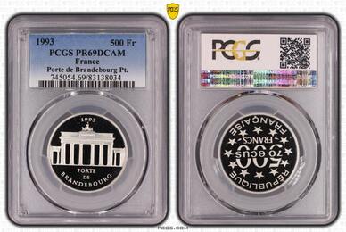 France 500 Francs 70 Ecus Platin Platinum 1993 Brandenburger Tor- porte de Brandenbourg PCGS PR69DCA