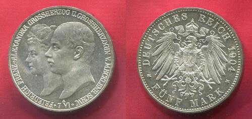 Mecklenburg Schwerin 5 Mark Silbermünze 1904 Friedrich Franz IV. Hochzeit mit Alexandra unc not clea