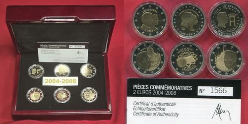 Luxemburg Luxembourg 6 x 2 Euro Gedenkmünzen Coffret Satz 2004-2008 Proof Set - selten Satzauflage 2