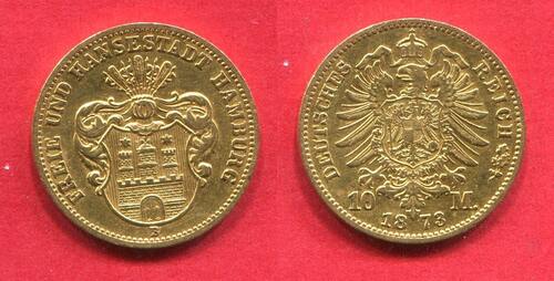 Germany Deutschland Kaiserreich Hamburg 10 Mark Gold 1873 Erster Typ First Type Rare Selten USA EF/A