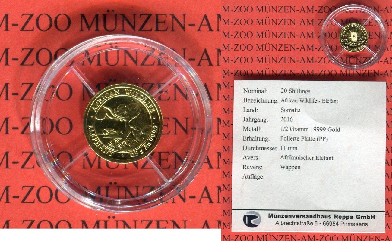 Somalia 20 Shillings Minigoldmünze 2016 African Wildlife-Elefant proof ...