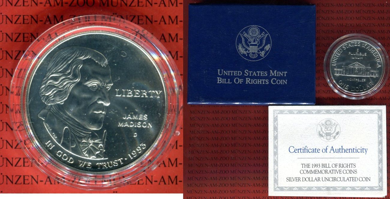 USA 1 Dollar Silberm nze Commemorative Coin 1993 Bill of Rights