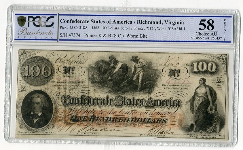 Csa Konfoderierte Staaten Von Amerika 100 Dollars Banknote 1862 Mit Stempeln Richmond Virginia Pcgs 58 Choice Au Det Ma Shops