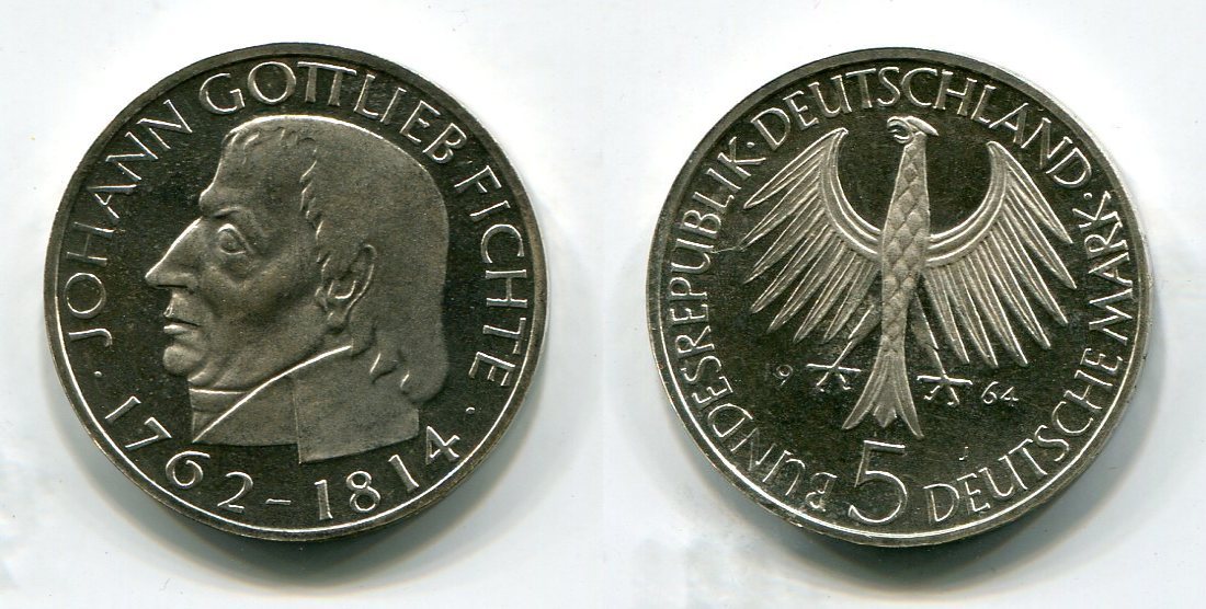 5 Deutsche Mark 1964 J Brd Bundesrepublik Deutschland Frg Germany 5 Deutsche Mark 1964 J Brd Bundesrepublik Deutschland Frg Germany Johann Gottlieb Fichte Proof Ma S