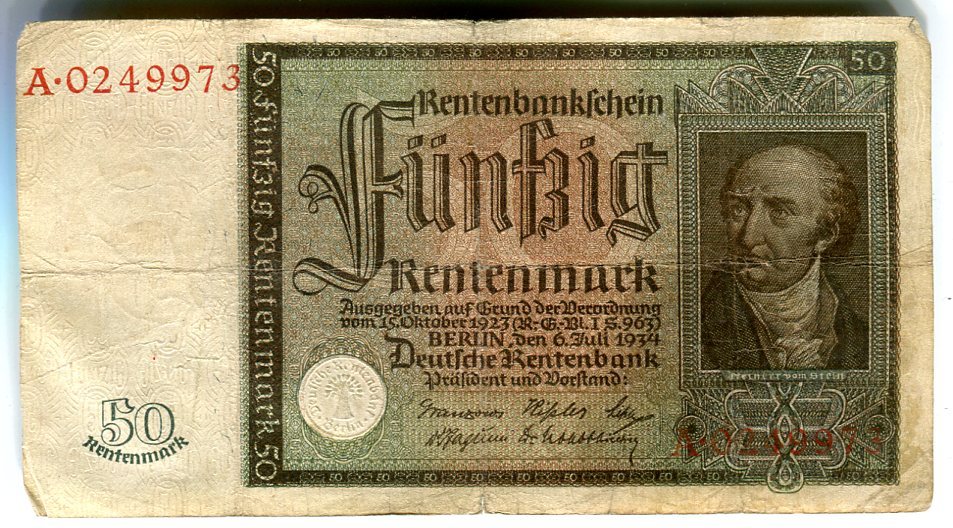 Weimarer Republik Rentenbank 50 Rentenmark 6. Juli 1934 Freiherr vom