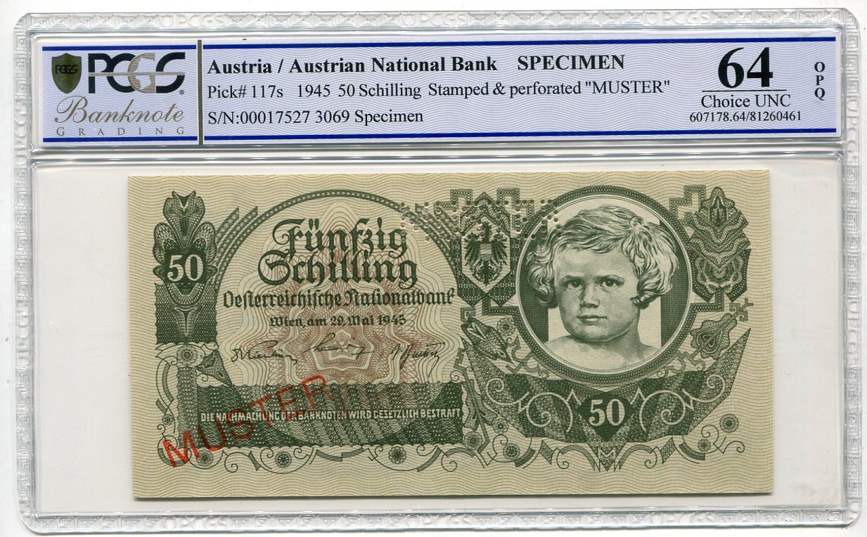 50 Schilling 1945 Osterreich Madchenkopf Preforiert Und Stempel Muster Auf Originalserienbanknote Pcgs Choice 64 Opq Ma Shops