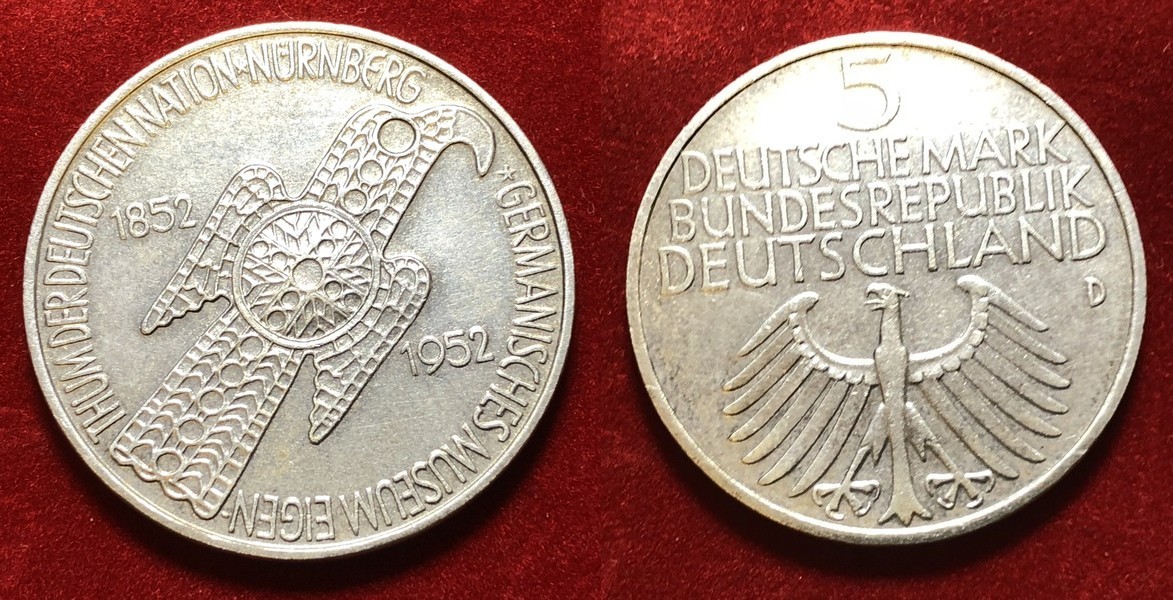 Bundesrepublik Deutschland, Germany FRG 5 DM Gedenkmünze Silber 1952 D Germanisches Museum in