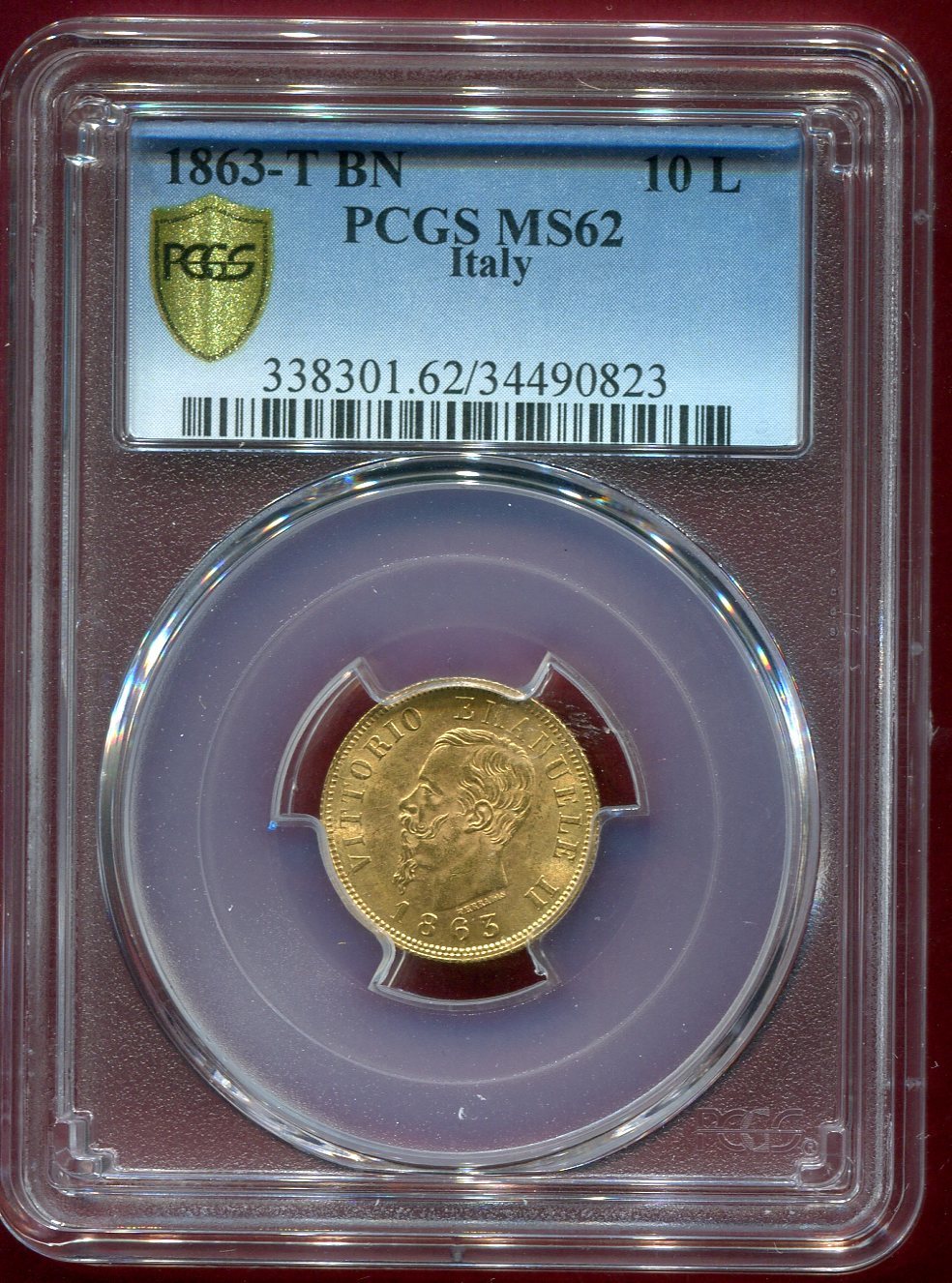 Italien 10 Lire Gold 1863 T BN Vittorio Emanuele II PCGS MS 62