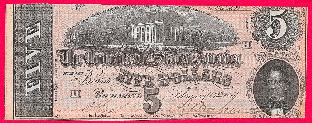 Sold at Auction: 1864 State of Georgia Five Dollar Bill