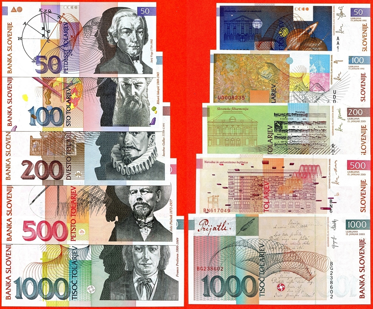 Slovenia Specimen Banknote Set: 1, 5, 10, 50, 100, 500, 1000 Tolarjev, 1990-1992, UNC