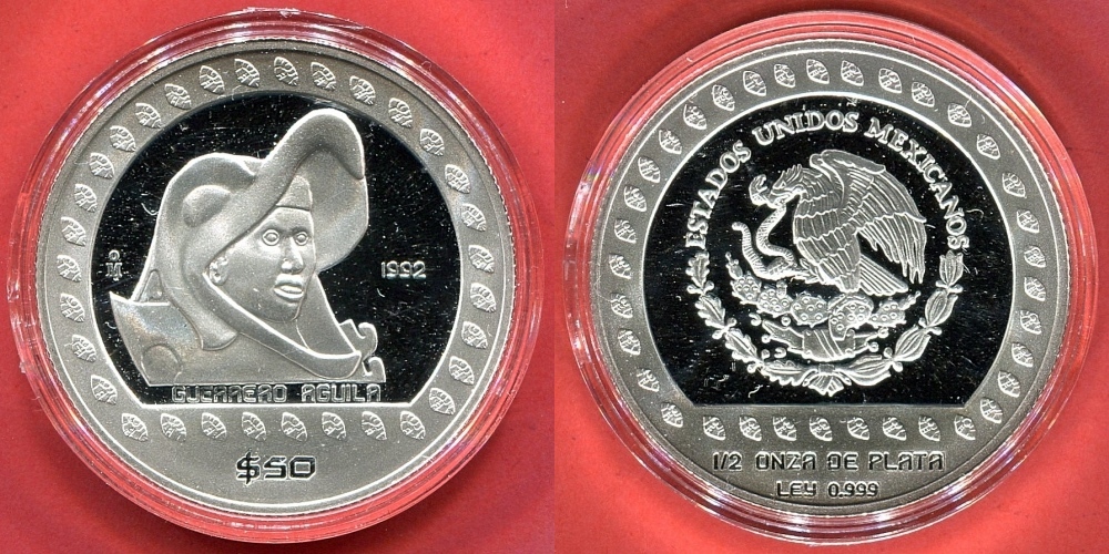 Mexiko 50 Pesos Silver 1992 The Aztec Collection Guerrero Aguila 1/2 oz,  No. 0086 PP in Kapsel mit Zertifikat und Etui | MA-Shops