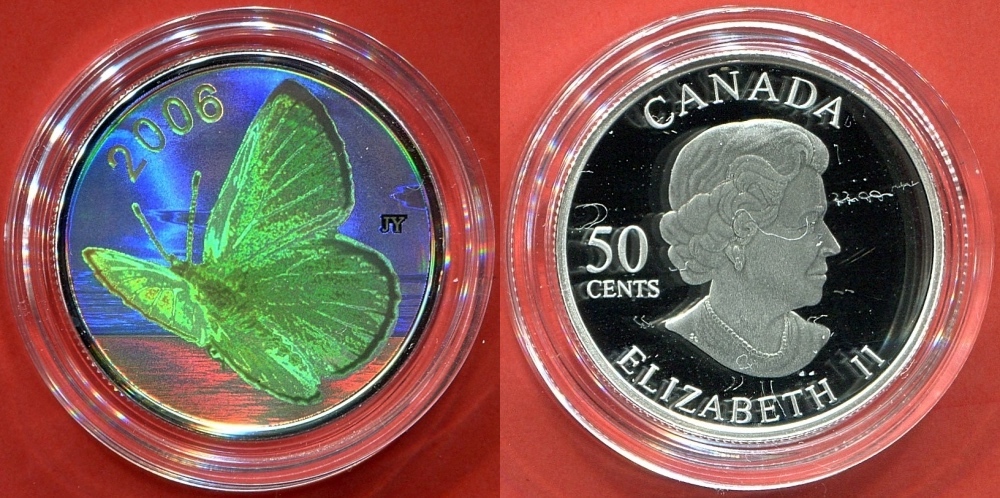 2006 Canada 50 cent Sterling Silver Butterfly Coin Silvery Blue