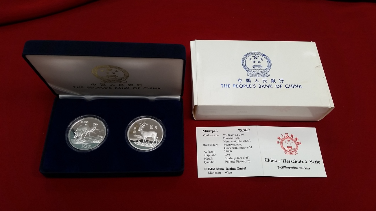 2 X 10 Yuan Silbermunzen 1994 China Volksrepublik Prc Tier Serie