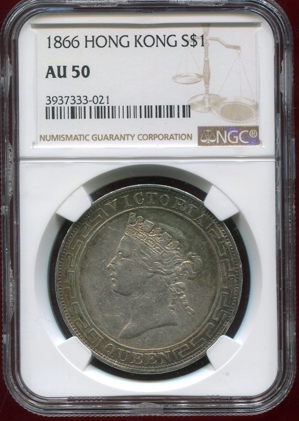 Hong Kong 1 Dollar 1866 Queen Victoria - NGC AU 50 Toning | MA-Shops