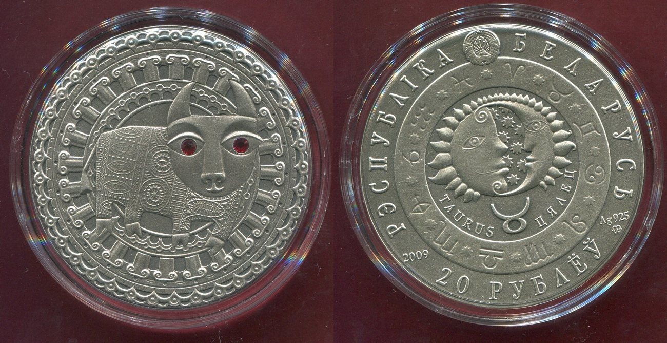 Taurus 28.28 g Silver Coin with Zircons Belarus 2009 20 Roubles Zodiac Signs 