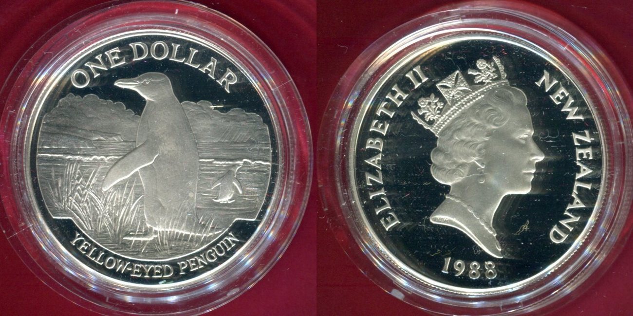 Neuseeland, New Zealand 1 Dollars Silber 1988 YellowEyed Penguin Proof