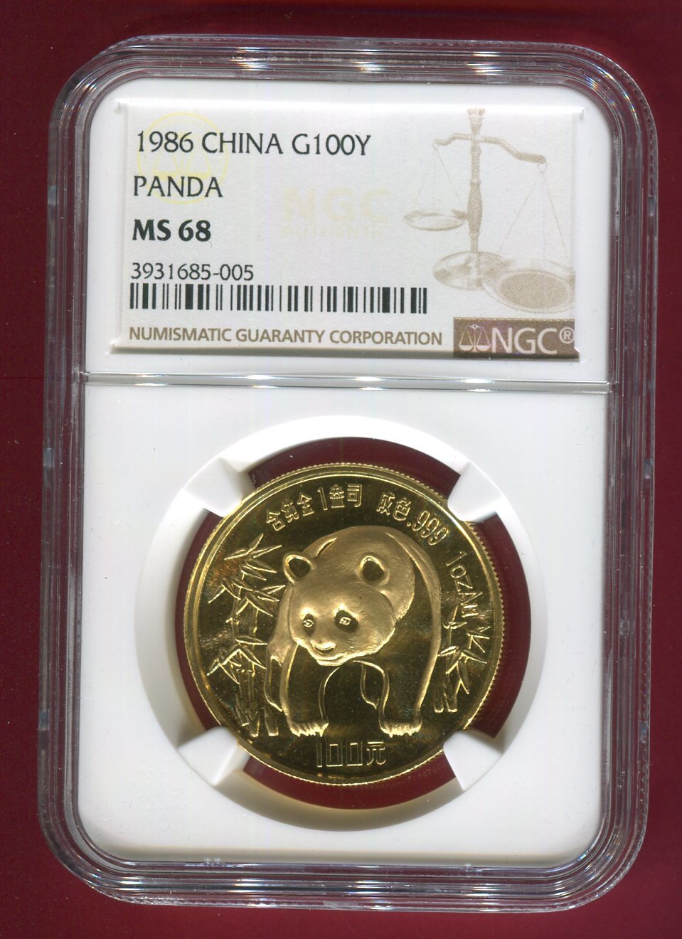 China 100 Yuan Goldmünze 1986 Panda NGC MS 68 | MA-Shops