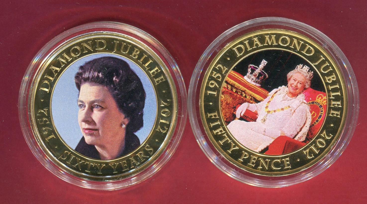 Bailiwick of Jersey, Cook Islands 50 Pence & 1 Dollar Ku/Ni 2011 Elizabeth II. Diamond Jubilee 2012 - 1952-2012 - Set aus 2 Proof gilded colorated with capsules | MA-Shops