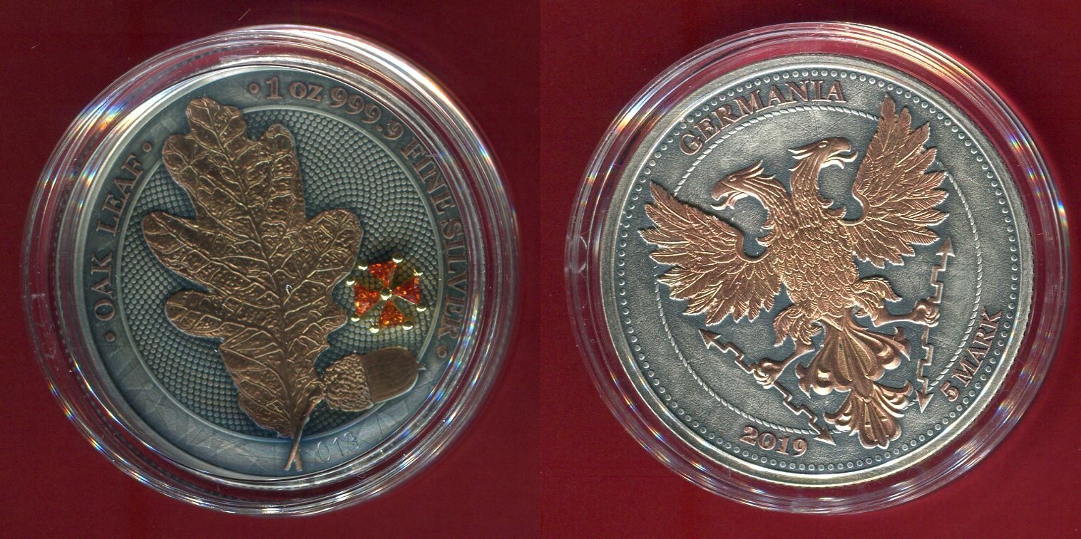 Deutschland 5 Mark Silber Antique Copper 2019 OAK LEAF Red Crystal Cross  -GERMANIA MINT- BU, Kapsel, Zert.,Etui & Karton OVP