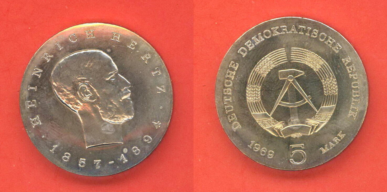 Deutsche Demokratische Republik 5 Mark 1969 DDR GDR Gedenkmuenze 75. Todestag Heinrich Hertz unc