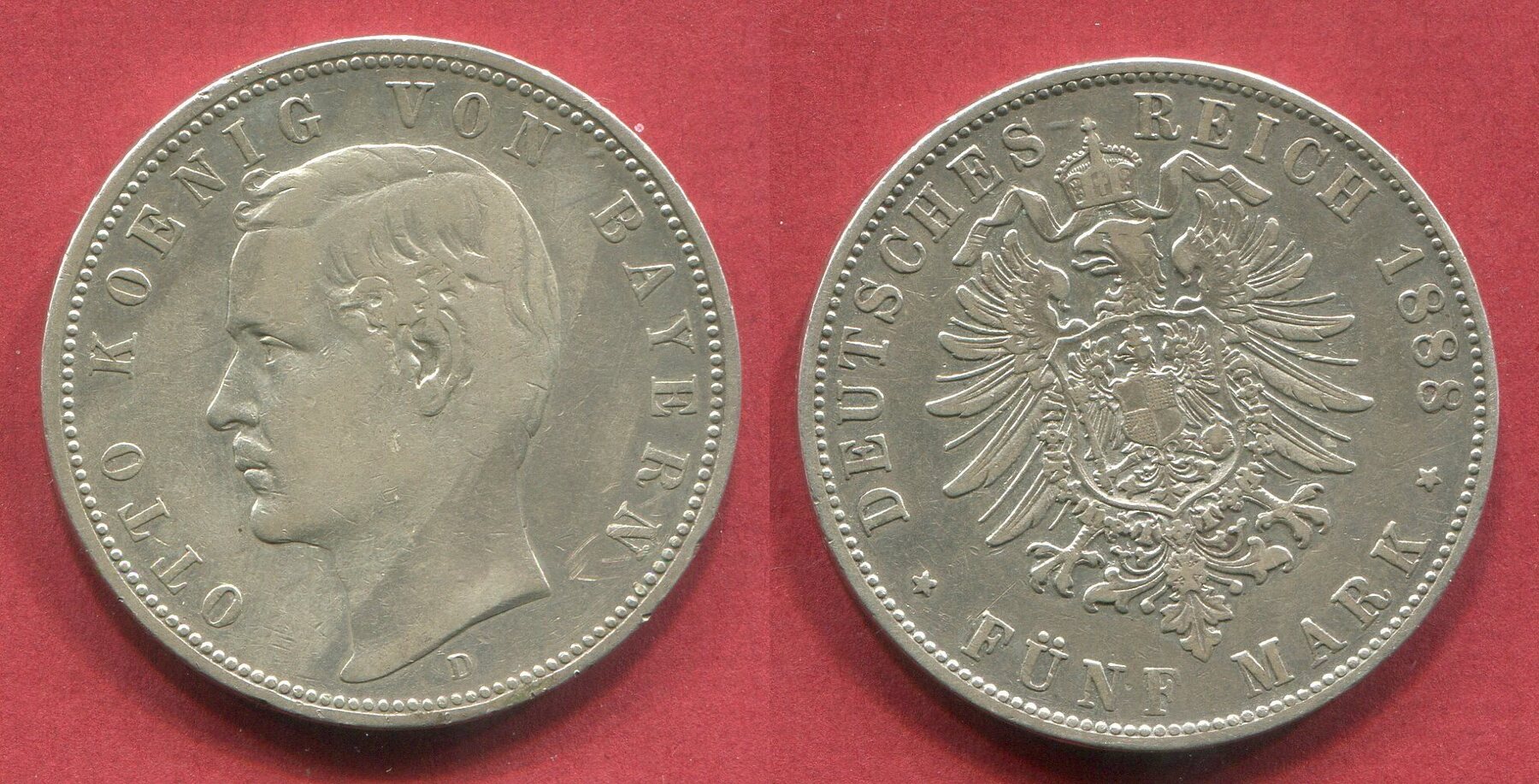 Germany Deutschland Bayern Bavaria 5 Mark 1888 D König Otto, Kursmünze ...