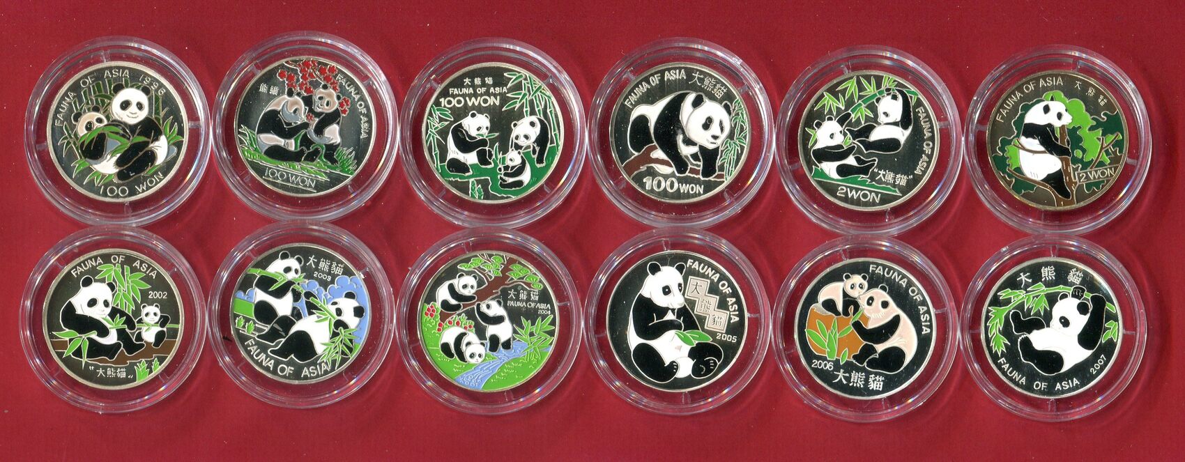 Nordkorea 100 Won und 2 Won Silber Farbmünze 1996 2007 Fauna of Asia Großer Panda Konvolut 12