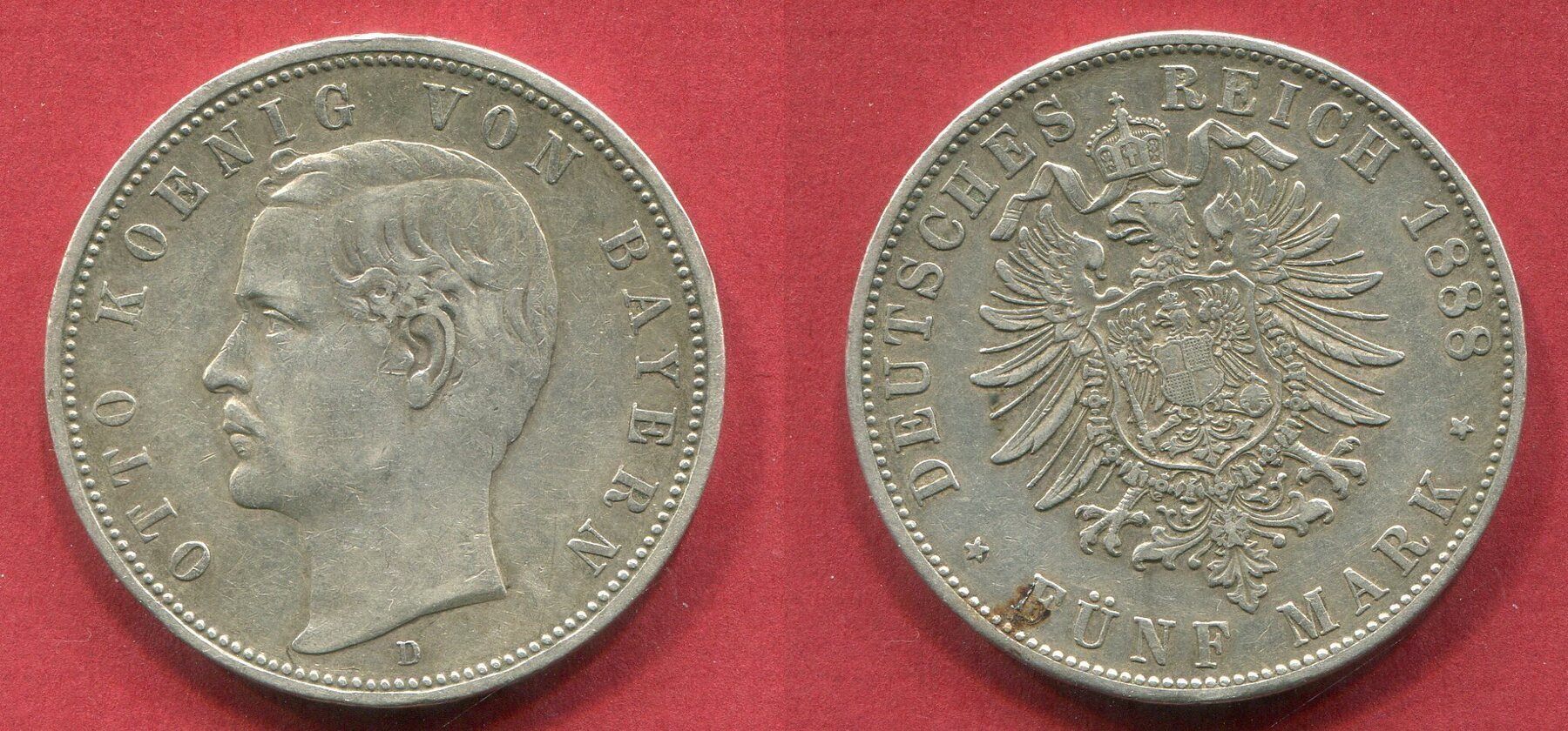 Germany Deutschland Bayern Bavaria 5 Mark 1888 D König Otto, Kursmünze ...