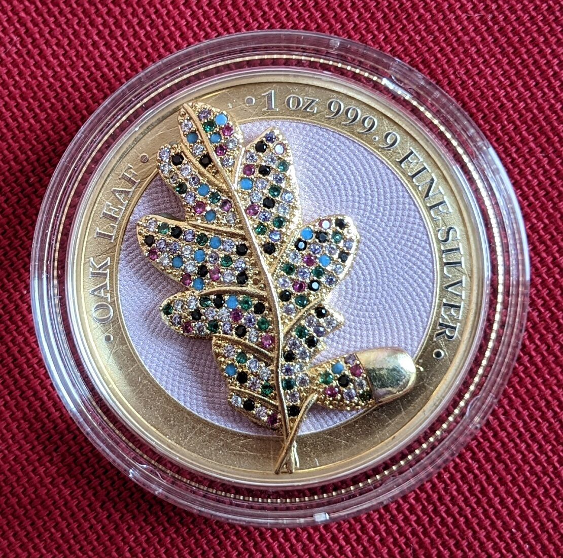 Deutschland 5 Mark - 1 Unze Silber 2019 Germania Mint - Mythical Forest -  Bejeweled Oak Leaf - Eichenblatt BU colorated with capsule, metal box & coa
