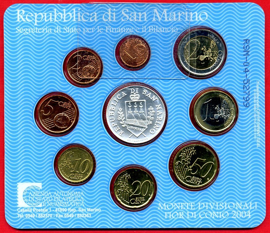 San Marino KMS 8 88 Euro mit 5 Euro Silbermünze 2004 Kursmünzensatz 1 Cent bis 5 Euro BU coinset