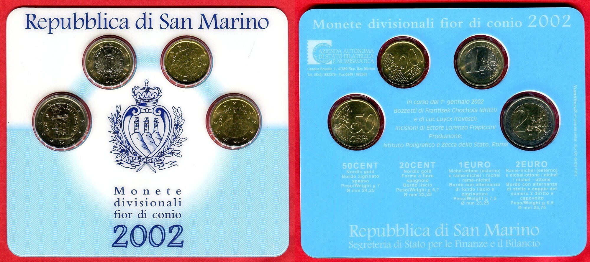 San Marino 2 €, 1 €, 50 Cent, 20 Cent 2002 Mini Kit, Coincard, unc in  blister