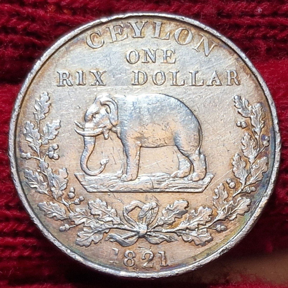 Ceylon Sri Lanka 1 Rix Dollar 1821 IV. Elephant Elefant EF cleaned toned sm. edgenicks