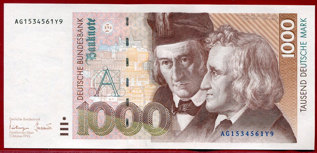 BRD Bundesrepublik Deutschland, FRG, Germany 1000 DM Banknote Geldschein 1.  10. 1993 Gebrüder Grimm Wörterbuch Serie AG Seltenes Jahr Rare Year  Uncirculated | MA-Shops