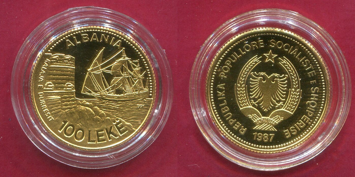 Albanien Albania 100 Leke Gold 1987 Seehafen Durrës Durazzo Segelschiff