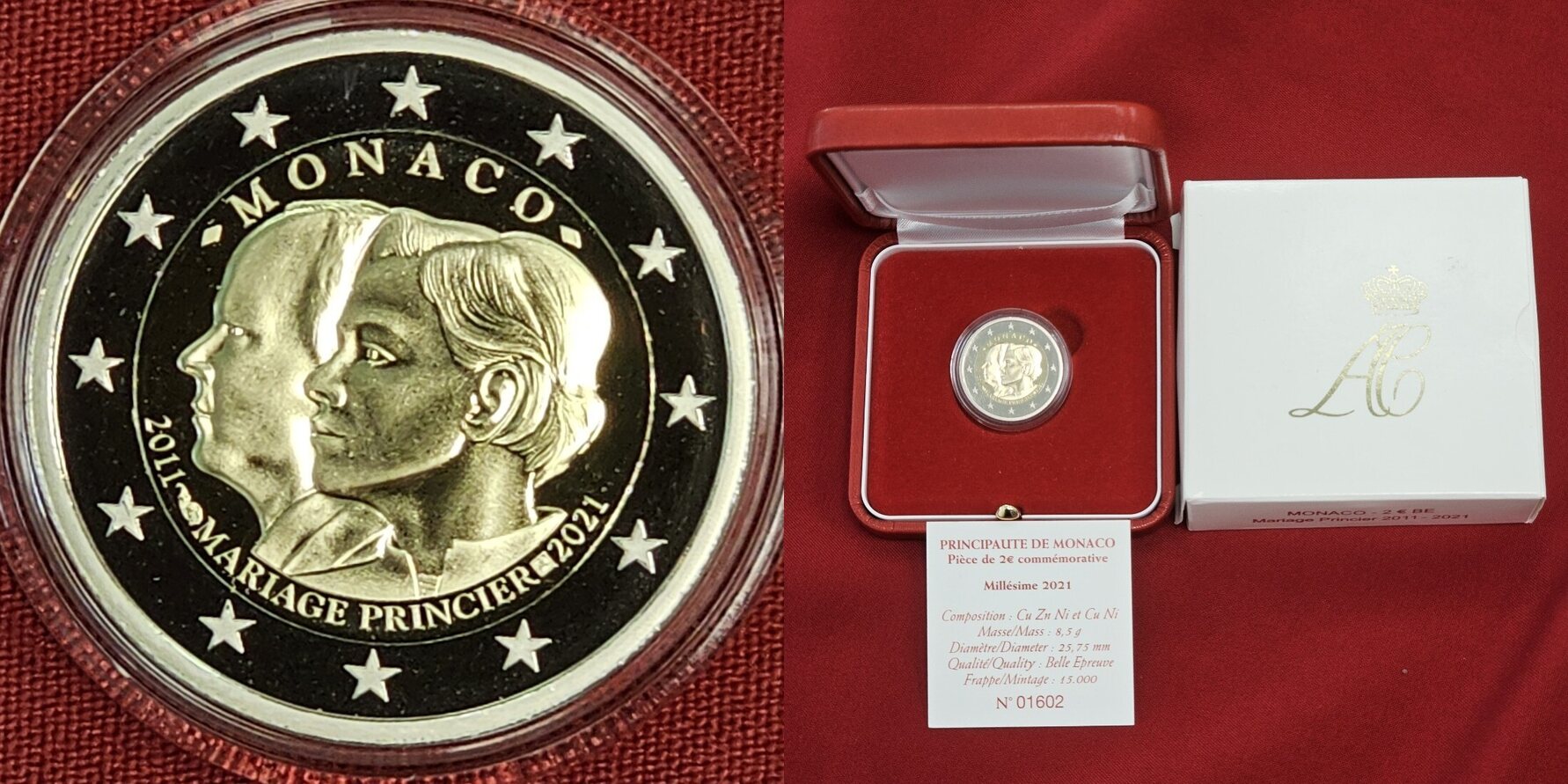 Monaco 2 Euro Gedenkmünze 2021 Hochzeit Albert Charlene 10. Hochzeitstag Wedding Anniversary 2011-2021 PP Proof with box, coa & carton