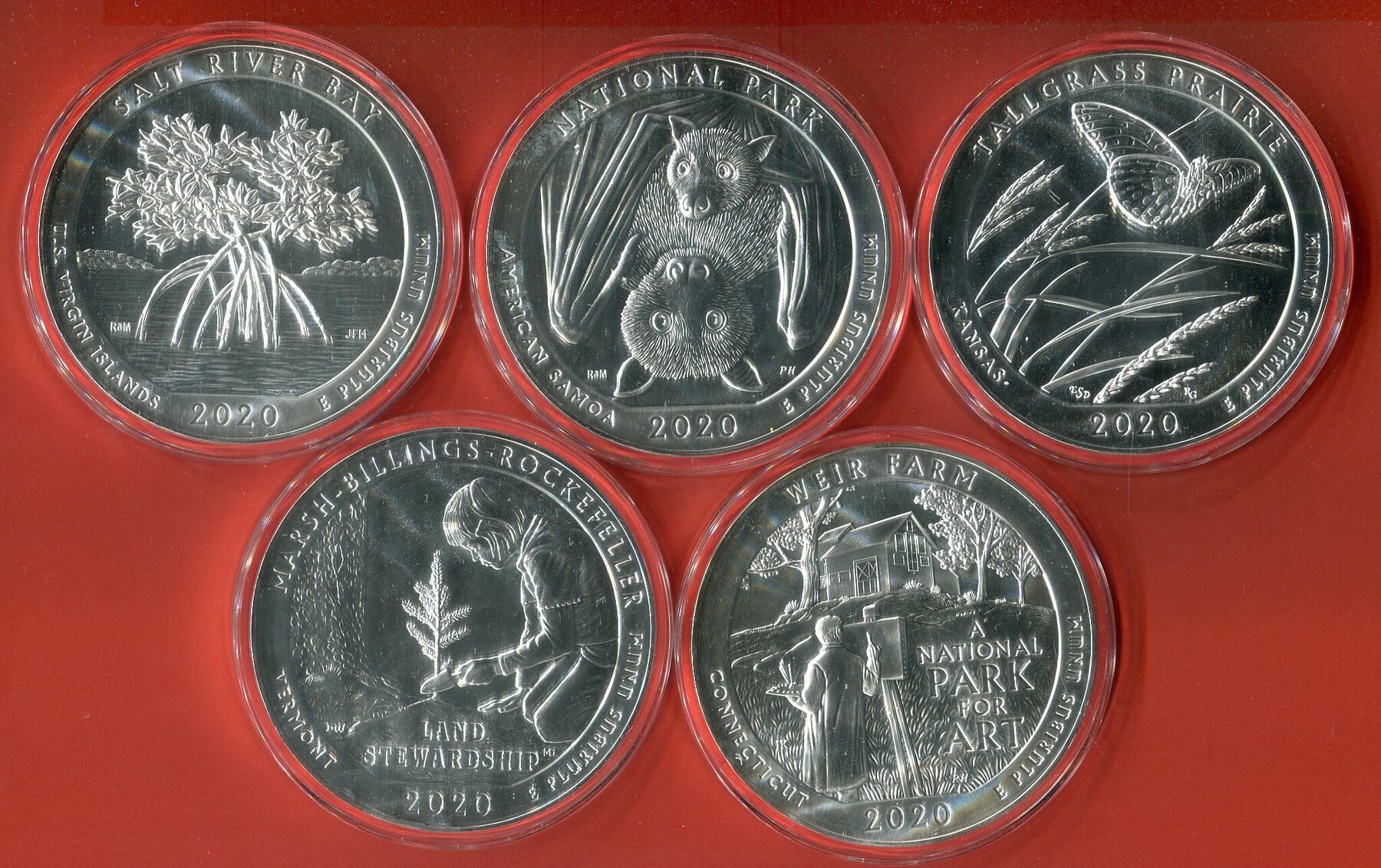USA 5 x 5 Unzen Ounces Silber Silver je 25 Cents 2020 America The ...