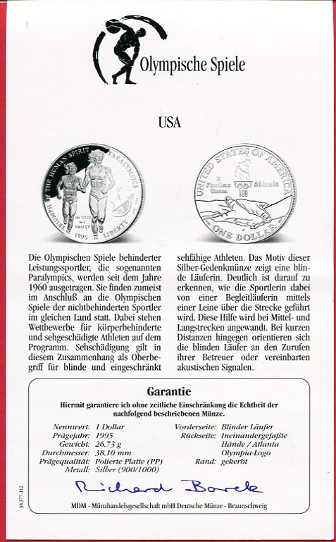 USA 1 Dollar Silbermünze 1995 Olympische Spiele 1996 Atlanta Paralympics proof in capsule with