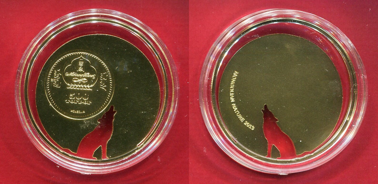 Mongolei 500 Togrog Silbermünze 2013 Wolf (Mongolian Nature-Serie,  vergoldet) BU in capsule with certificate