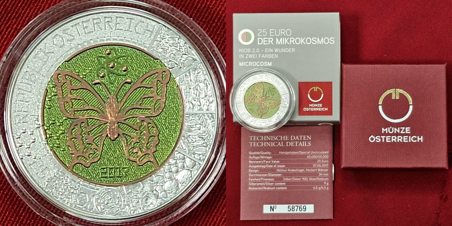 Österreich Austria 25 Euro Niobium 2017 Niob Der Mikrokosmos Bimetall  Bicolor Microcosm USA UNC box COA | MA-Shops