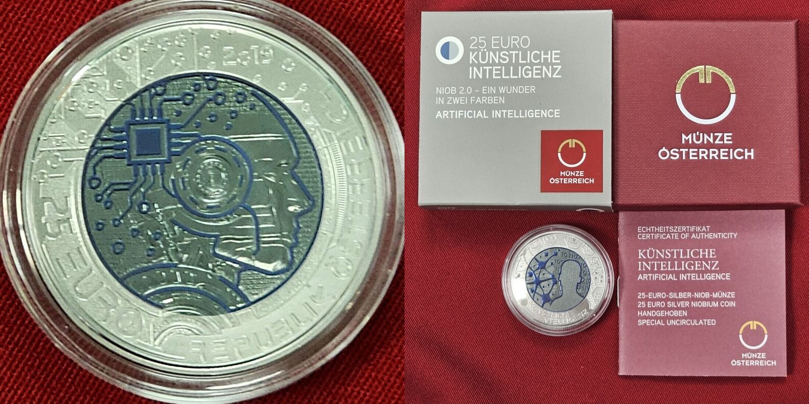 sterreich Austria 25 Euro Niobium 2019 Niob Knstliche Intelligenz  Bimetall Bicolor Artificial Intelligence USA UNC box COA | MA-Shops