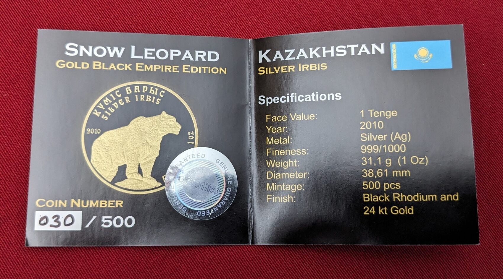 Kasachstan, Kazakhstan 1 Tenge Silbermünze - 1 Unze Silber 2016 Gold Black  Empire Special Edition - Snow Leopard - Silver Irbis - Schneeleopard BU