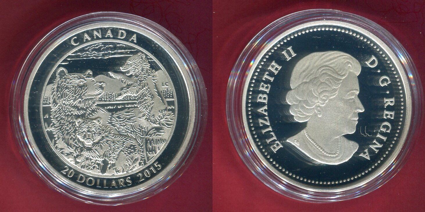 Kanada 20 Dollars Silbermünze 2015 Grizzly Bear Family Proof with ...