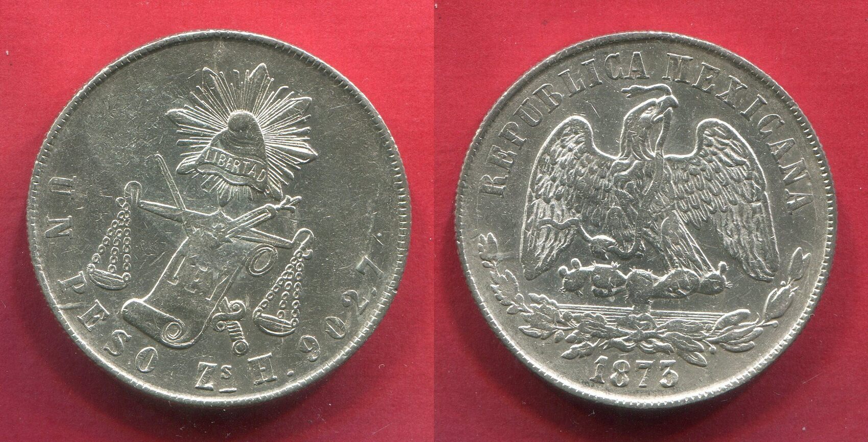 Mexico 1 Peso 1873 ZS H Zacatecas Low AU scr. | MA-Shops