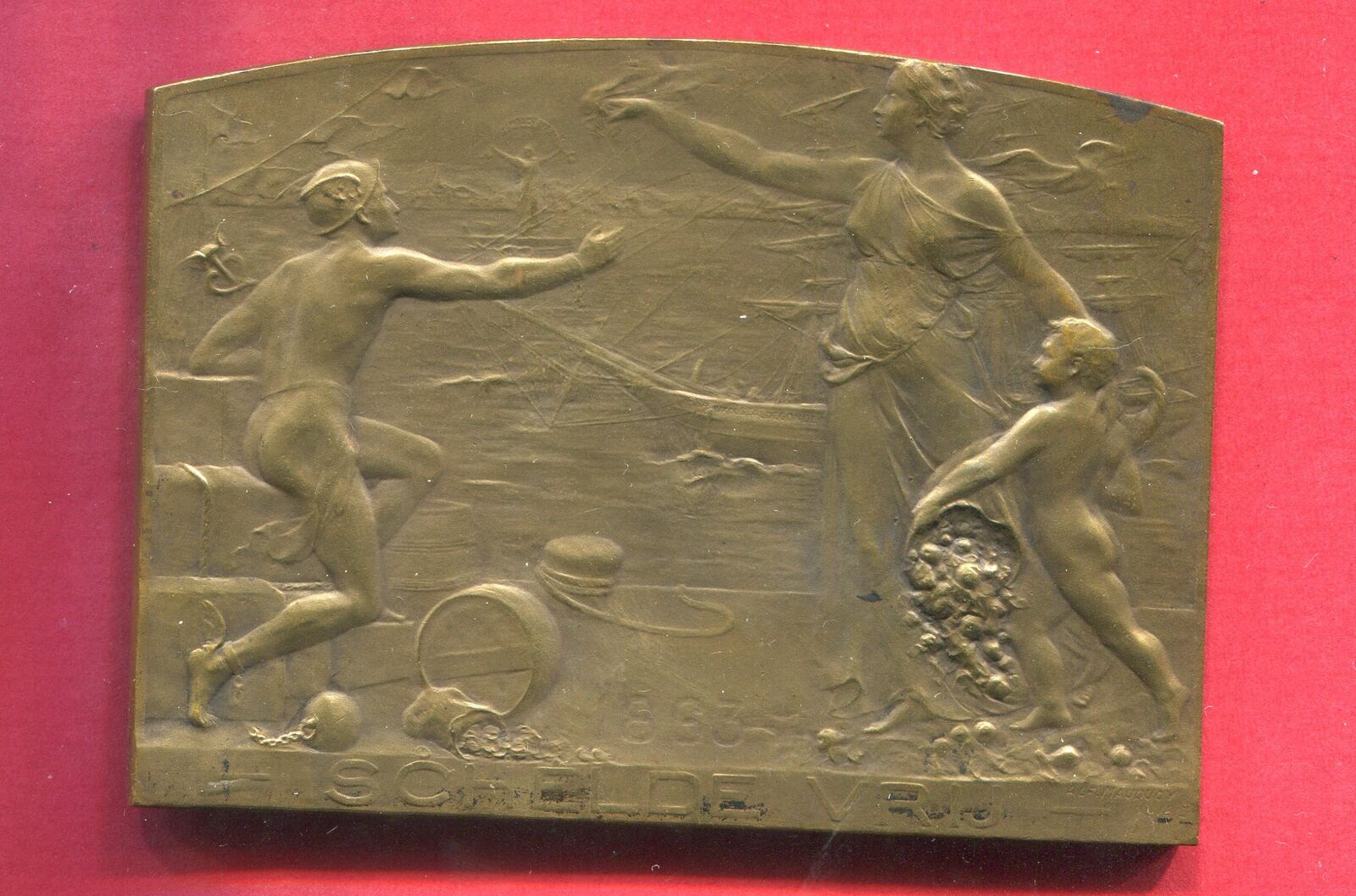 Belgien Belgium Bronze Plakette 1913 Antwerpen a.d. 50Jahrfeier der freien ScheldeSchiffahrt