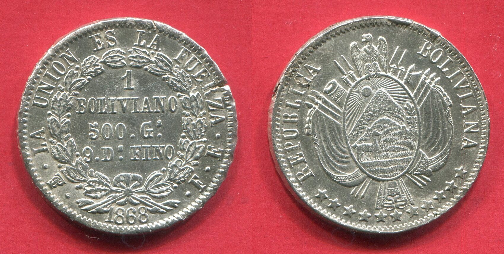 Bolivien Bolivia 1 Boliviano 1868 FE Republica Boliviana USA AU Cleaned 