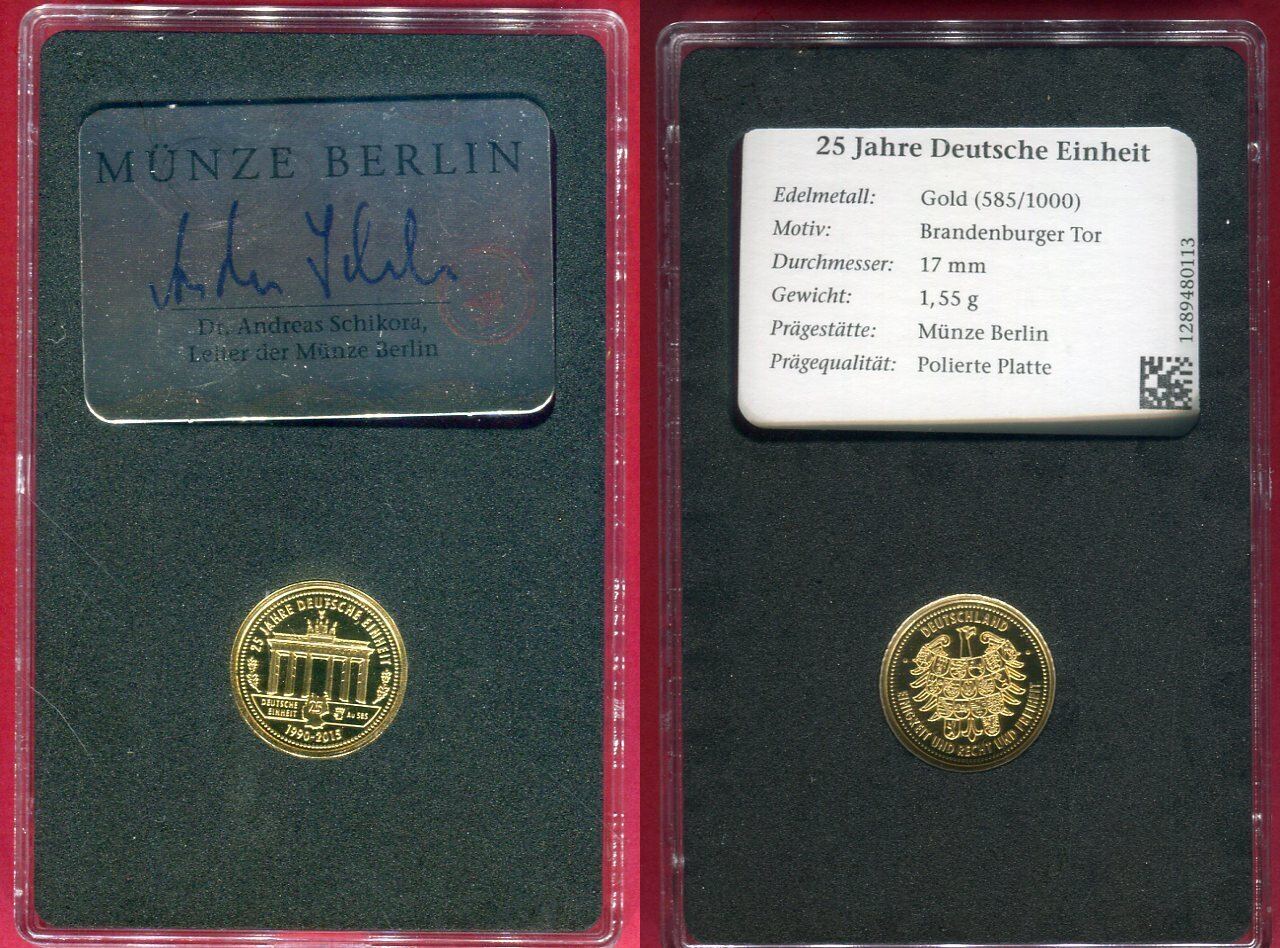 Gold Gedenkprägung 25 Jahre Deutsche Einheit 2015 Deutschland Goldmedaille 2015 25 Jahre Deutsche Einheit - Brandenburger
