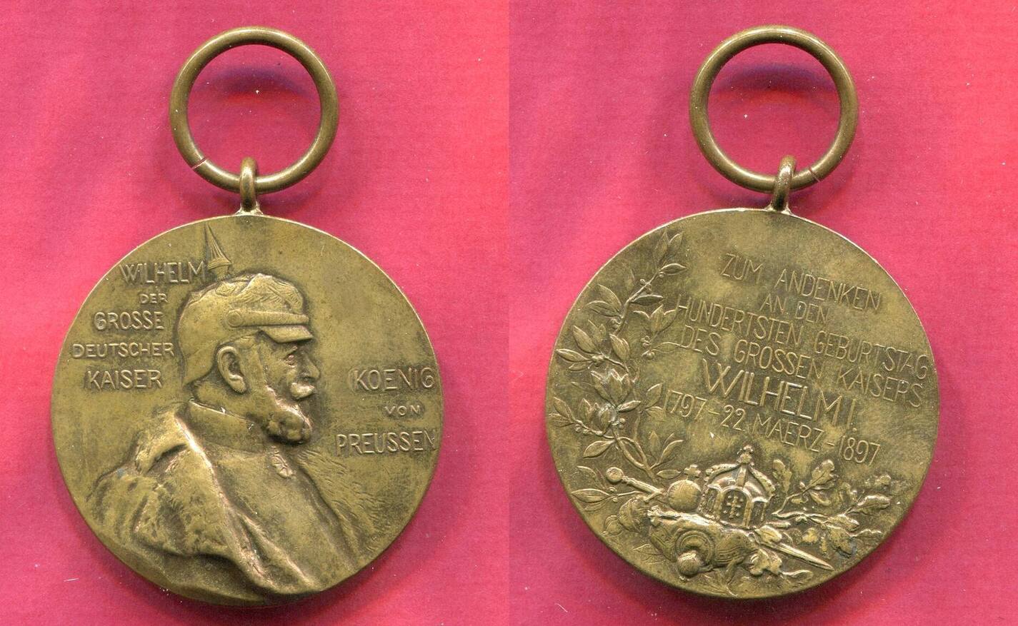 Deutschland Germany Kaiserreich Preußen Tragbare Medaille Bronze mit Orig. Öse 1897 100. Geburtstag von Wilhelm I. 1797 sog. Apfelsinenorden Unc Toned