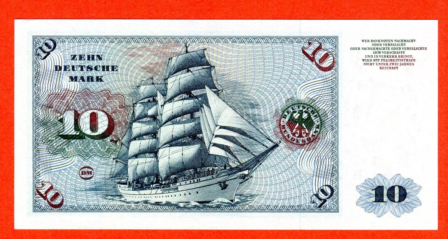 BRD, Deutsche Bundesbank 10 DM Deutsche Mark Banknote 1970 Segelschiff ...